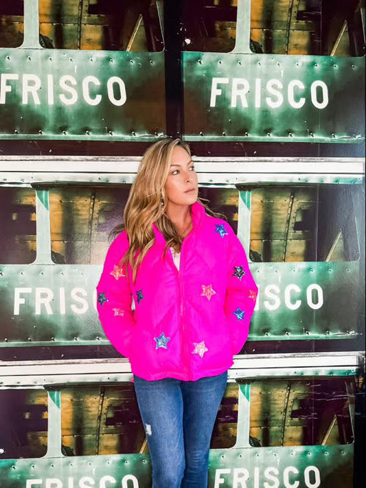 Fuchsia Puffer Jacket with Glittery Stars