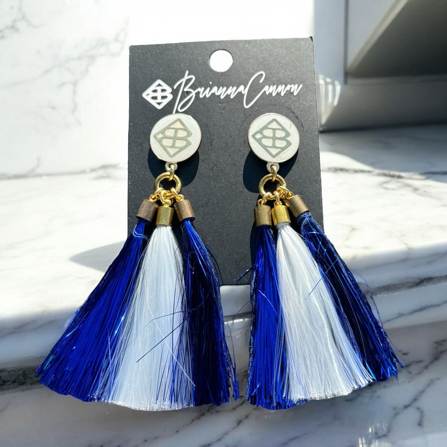 Brianna Cannon Game Day Blue & White Tassel Earrings